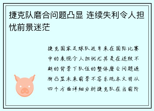 捷克队磨合问题凸显 连续失利令人担忧前景迷茫