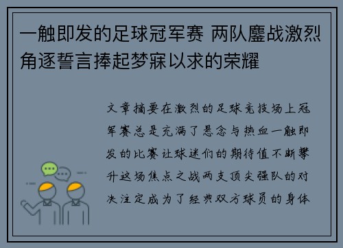 一触即发的足球冠军赛 两队鏖战激烈角逐誓言捧起梦寐以求的荣耀